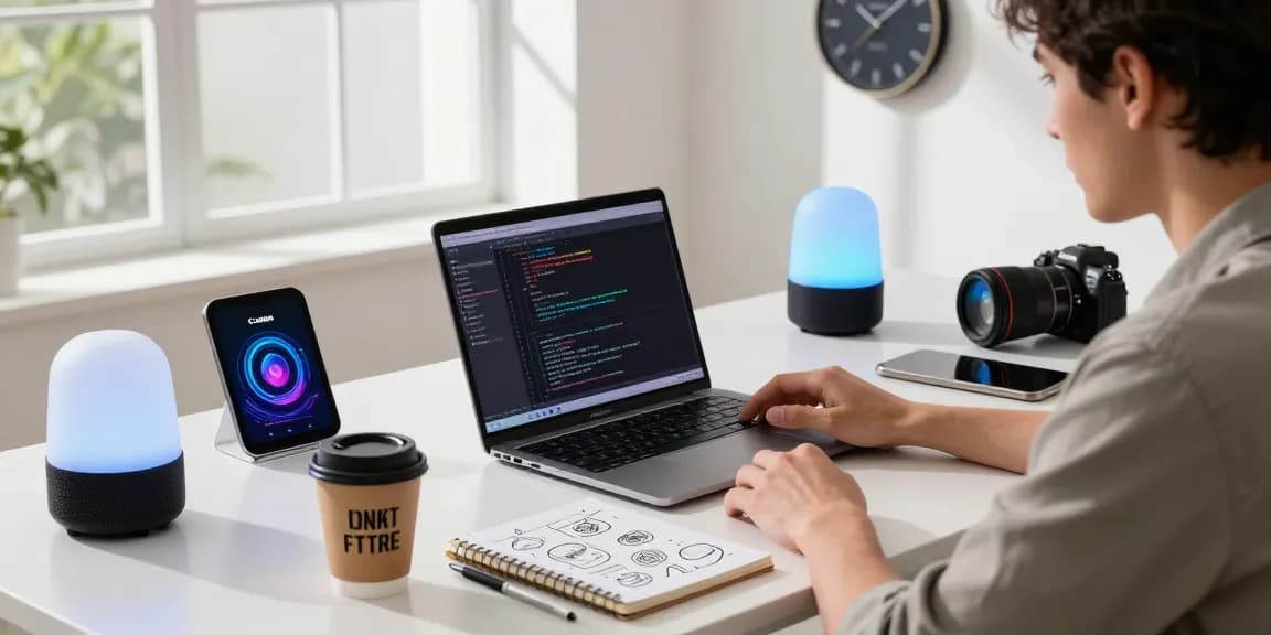 Professional using an AI laptop in a modern tech workspace with coding software and smart home devices.