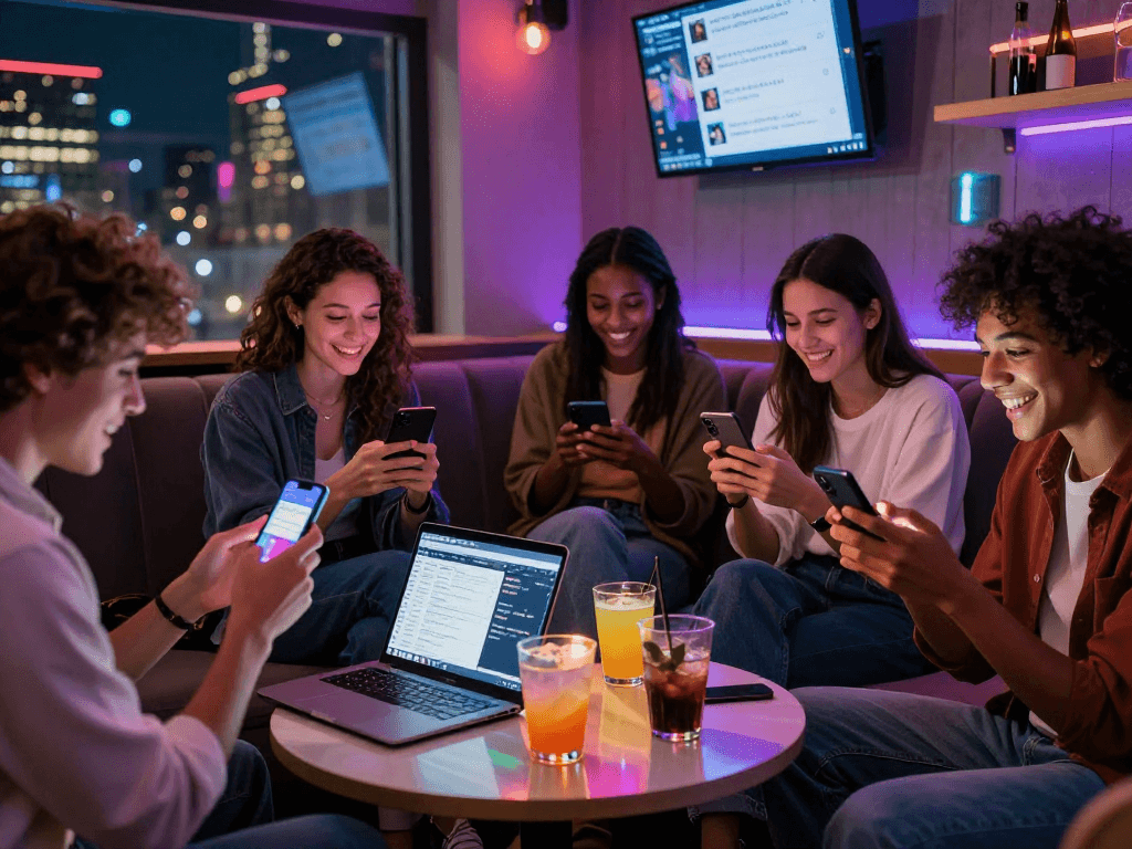 Interactive NSFW AI applications engaging young adults in a vibrant urban lounge.