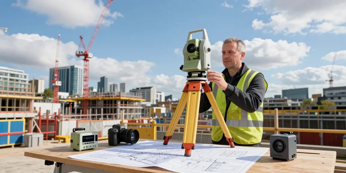 Topographical Land Surveys London conducted by a professional surveyor using advanced measuring equipment at a construction site.