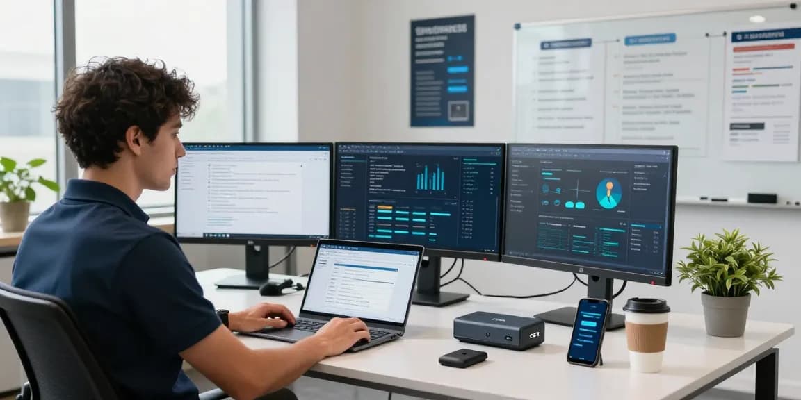 Cyber Essentials managed service in a professional workspace with compliance dashboards and security posters