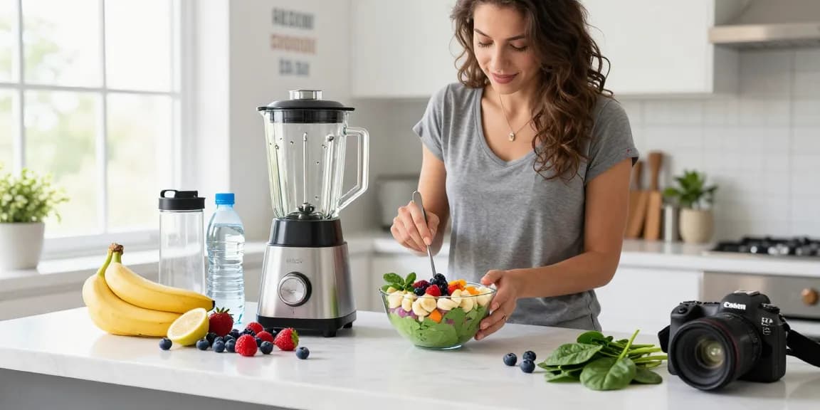 Preparing a 21 Day Smoothie Diet Plan with fresh fruits and greens in a bright kitchen.