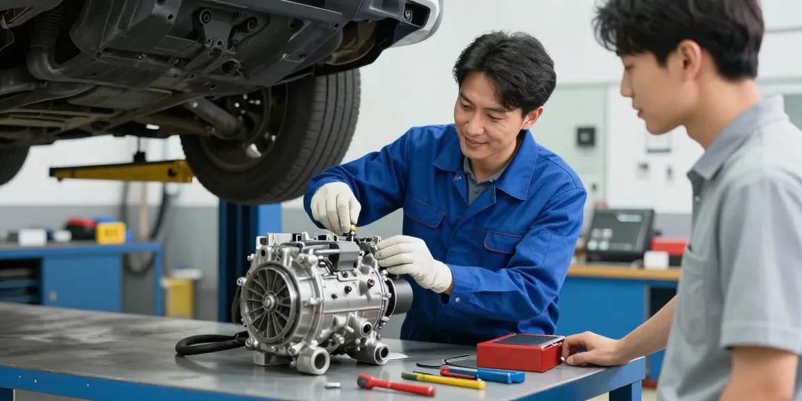 Local auto repair expert assessing a broken car air conditioning compressor in a trusted nearby business, providing community services.