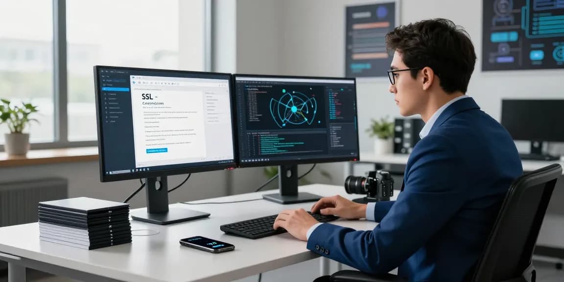 Cybersecurity expert managing SSL certificates in a modern workspace.