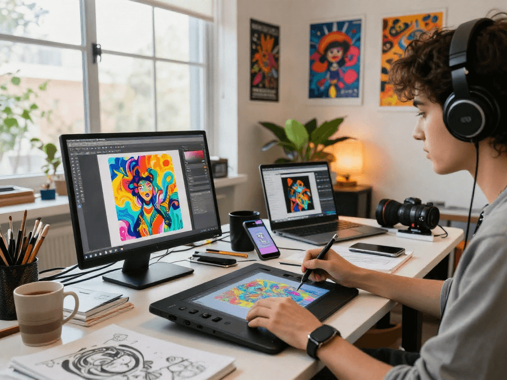 Dynamic digital art studio with artist working on nsfw ai concepts, showcasing vibrant colors and creative tools.