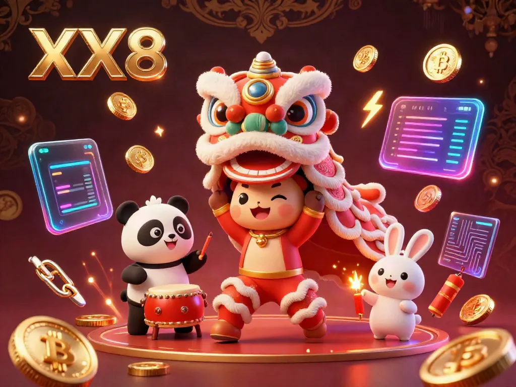 Engage with the exciting XX8 casino scene featuring characters in a lion dance celebrating with Bitcoin and Ethereum elements, showcasing vibrant energy.