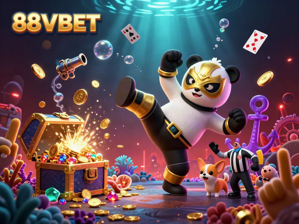 Engage thrillingly with 88VBET as a panda wrestler kicks off a vibrant casino game scene.