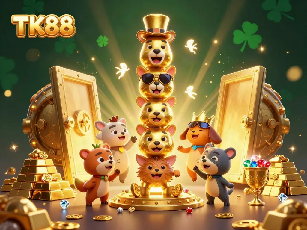 Engage in high-stakes thrills with TK88, surrounding a vibrant 3D casino scene brimming with treasures.