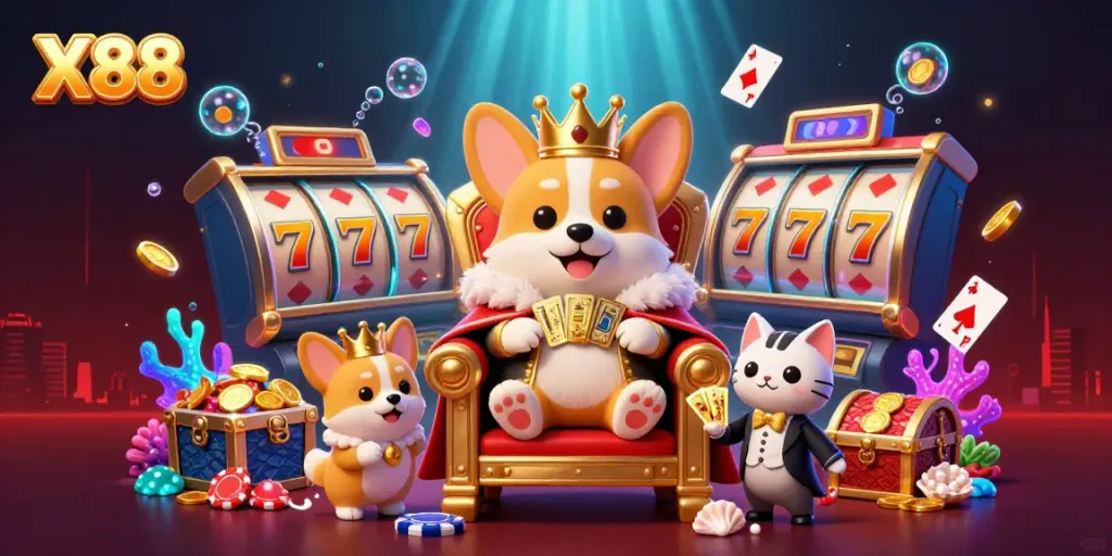 X88 explores the casino world with a royal corgi and gaming flair.