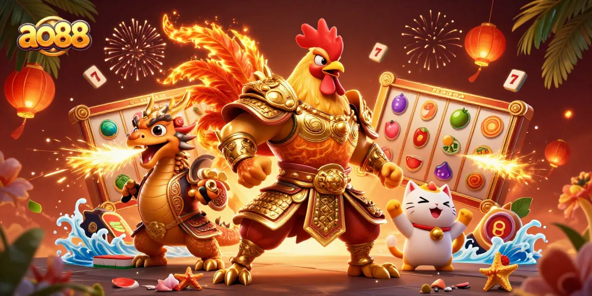 Experience exciting gaming at ao88 with a powerful rooster warrior, dragon hatchling, and festive casino elements.