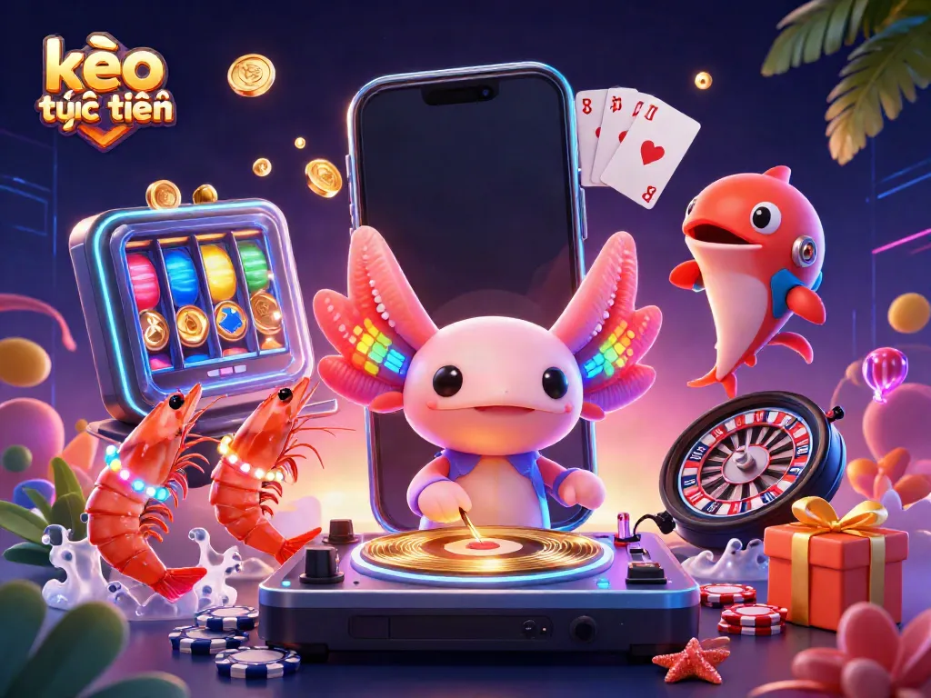 Experience engaging kèo trực tuyến action with a neon axolotl DJ and vibrant casino-themed elements.