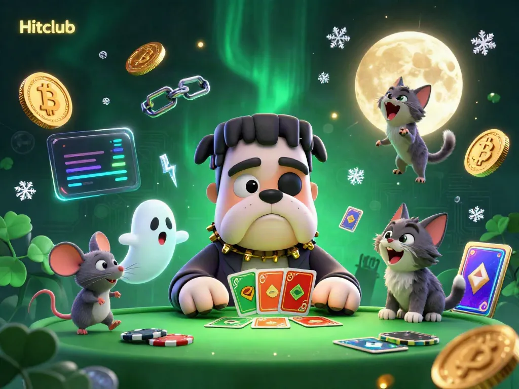 Play cards with Hitclub in a spooky casino scene featuring a Frankenstein bulldog and a werewolf kitten.