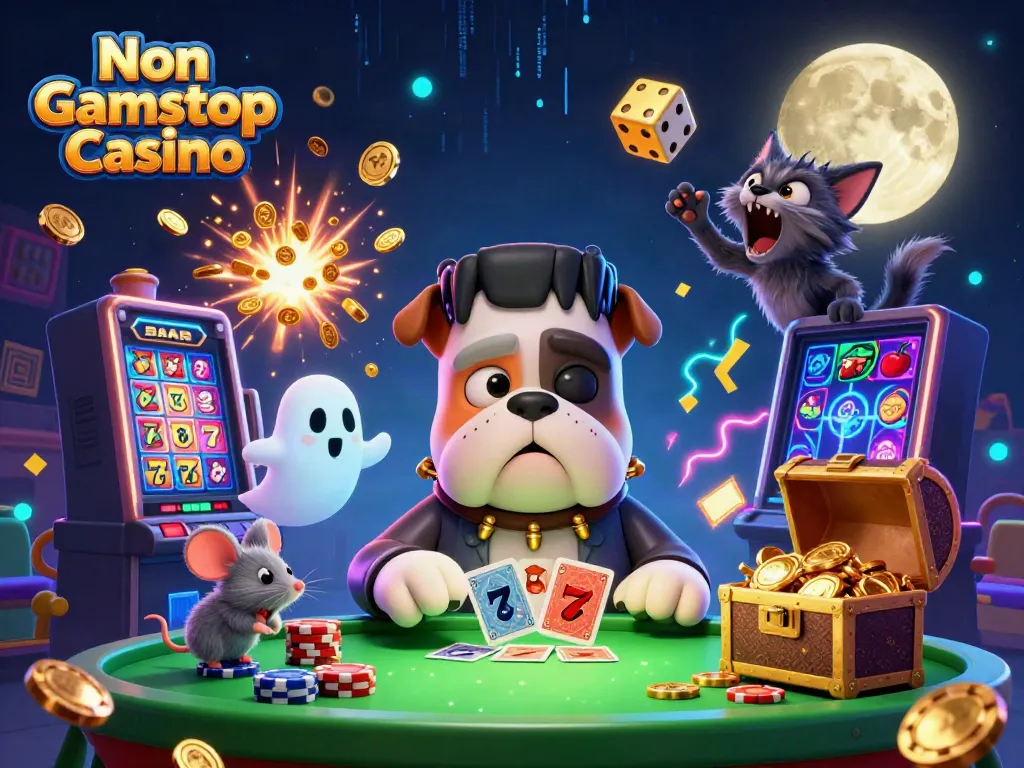 Engaging 3D cartoon scene showcasing a Non Gamstop Casino experience featuring a bulldog dealer and festive elements.