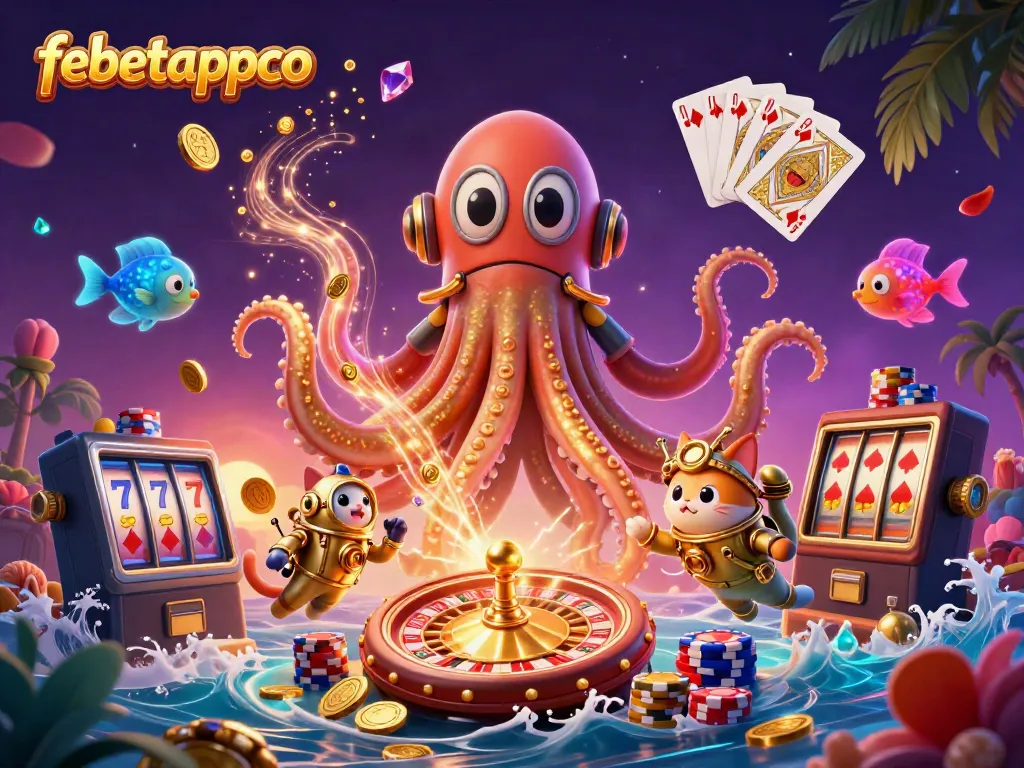 Experience dynamic gaming with febetappco's vibrant 3D illustration featuring a kraken and treasure