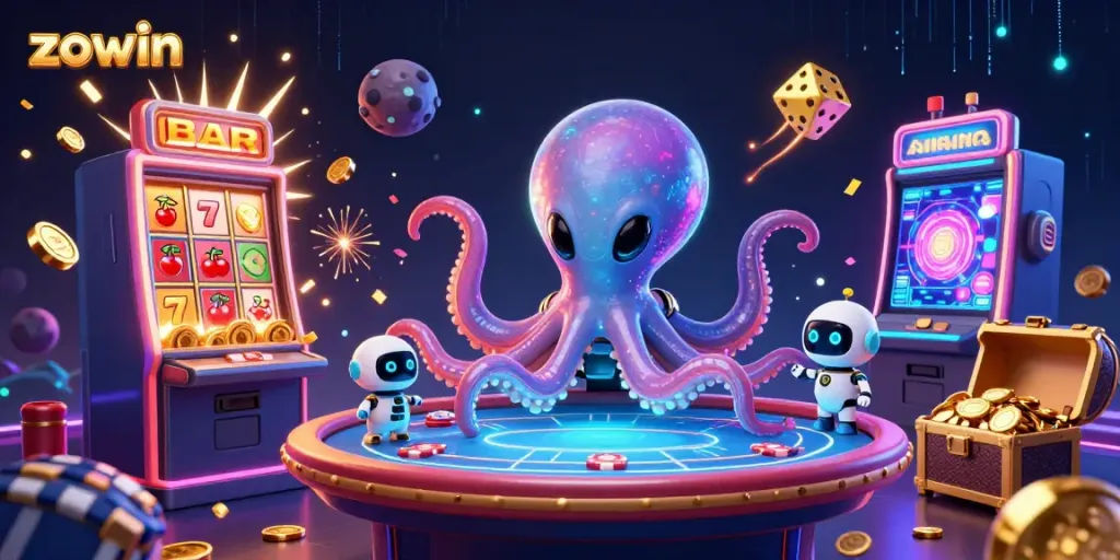 Zowin's exhilarating 3D scene showcases a galactic octopus at a poker table, surrounded by vibrant casino elements.