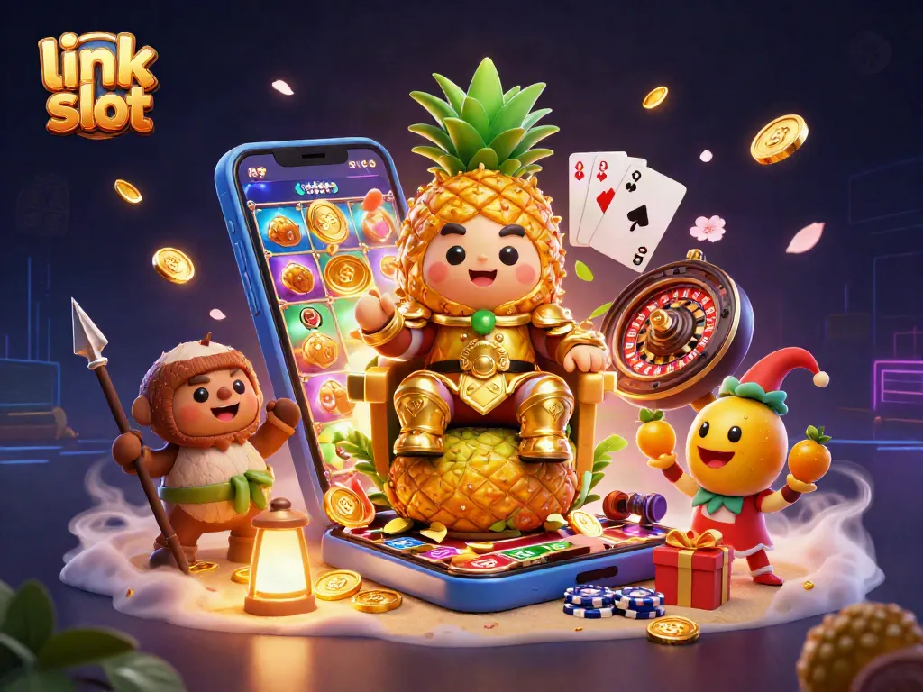 Activate your luck with link slot, featuring a vibrant scene of a golden pineapple king, coconut bodyguards, and engaging gaming elements.