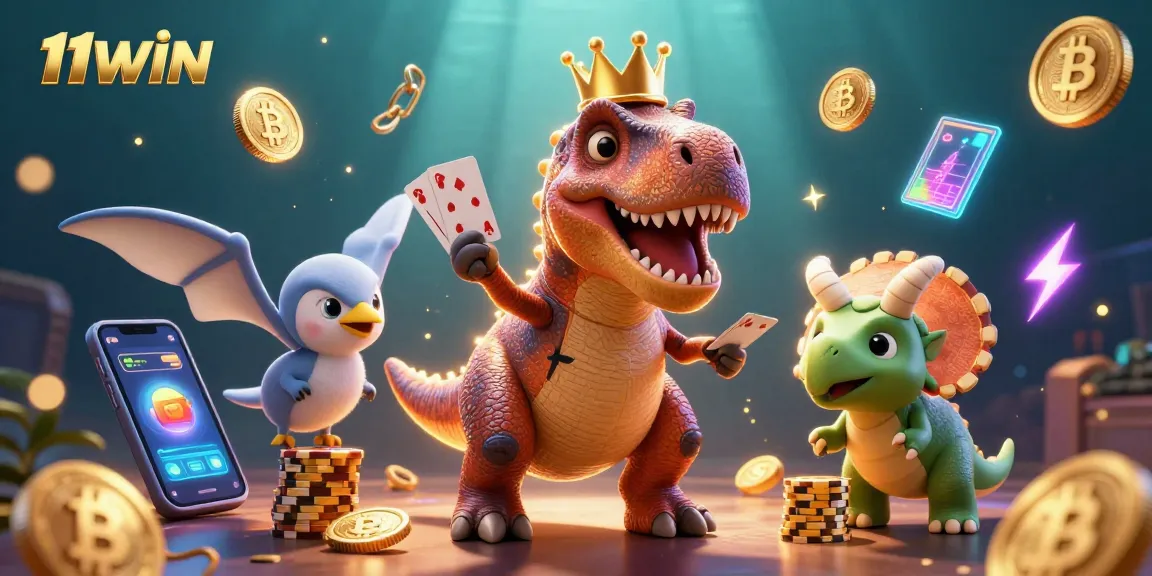 Shuffling cards and stacking chips in a vibrant 11WIN casino scene with energetic dinosaurs.