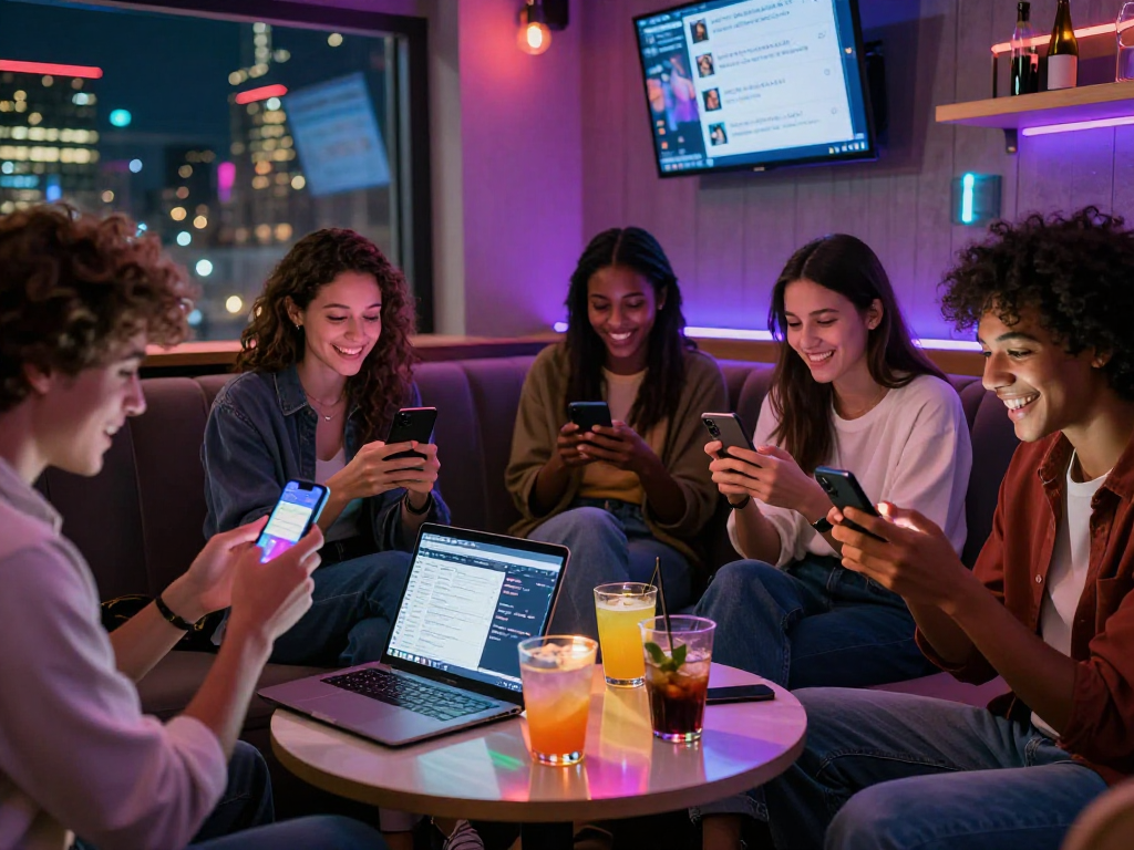Interactive NSFW AI applications engaging young adults in a vibrant urban lounge.