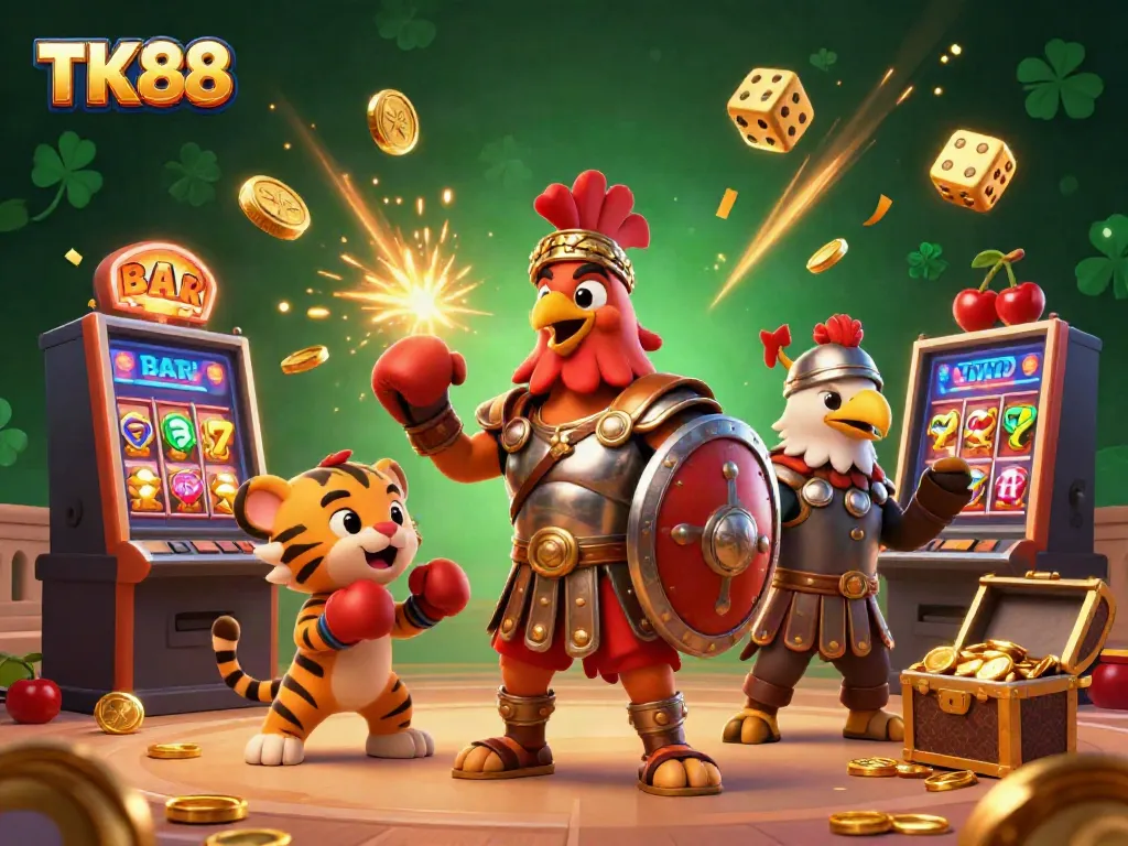 Experience the thrill of TK88 with a vibrant casino scene featuring a gladiator rooster and dynamic game elements.