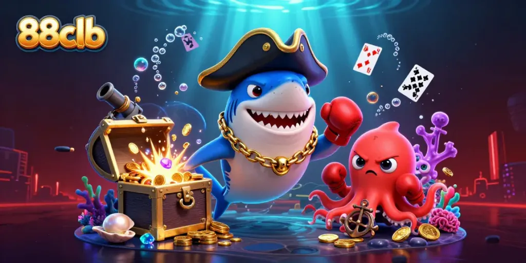 Engage with 88clb's thrilling underwater scene featuring a pirate shark and treasure-filled elements.