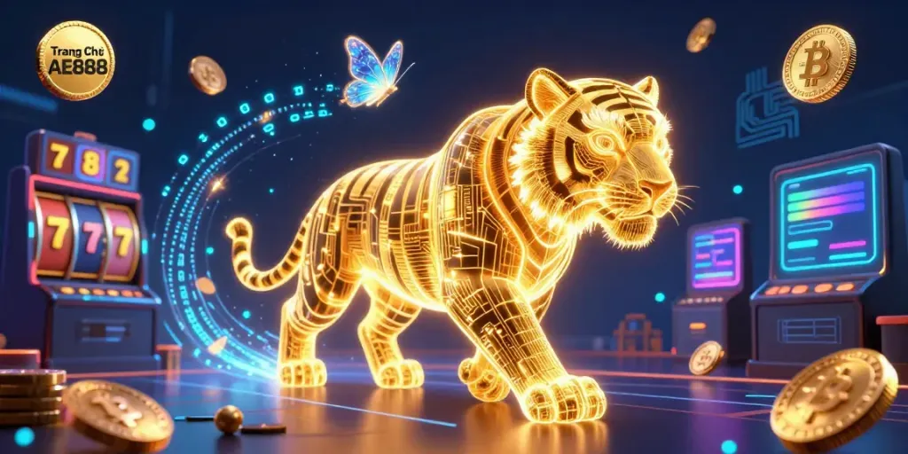 The vibrant scene of Trang Chủ AE888 shows a golden tiger in a neon casino, highlighting Bitcoin and Ethereum coins.