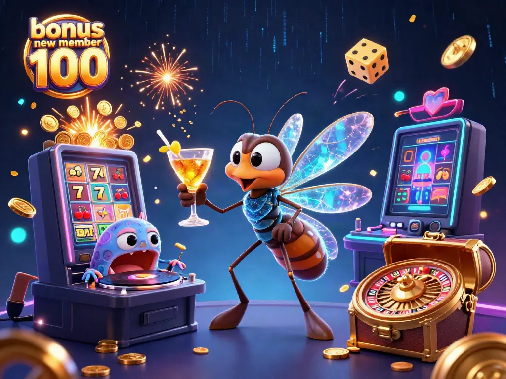 Experience the excitement of bonus new member 100 in a vibrant casino world with animated characters and jackpots.