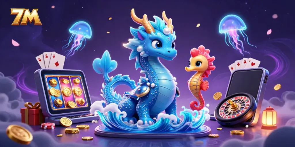 Engage with 7M’s thrilling slot experience amid vibrant casino elements and mythical creatures.