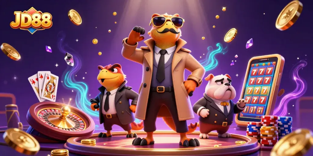 Win big at JD88 with cartoon raptors sneaking into a VIP lounge filled with sparkling casino elements.