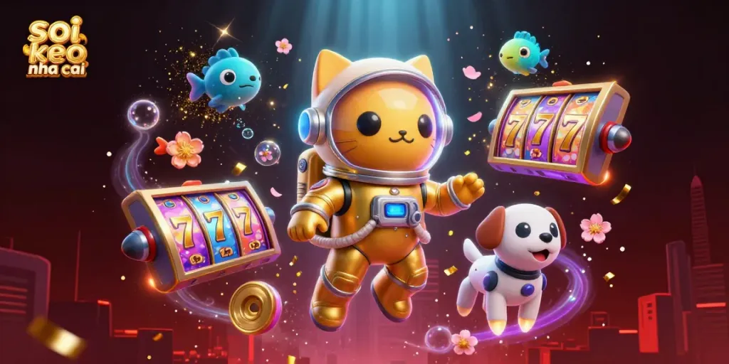 Engaging scene of soi keo nha cai with a cartoon astronaut cat, robot dog, and casino elements.
