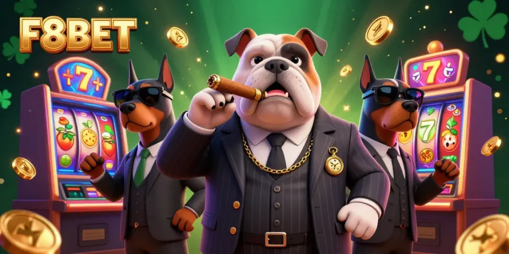 Experience the vibrant world of F8BET with our lively 3D casino scene featuring a mafia bulldog and dynamic slot machines highlighting the fun of gambling.