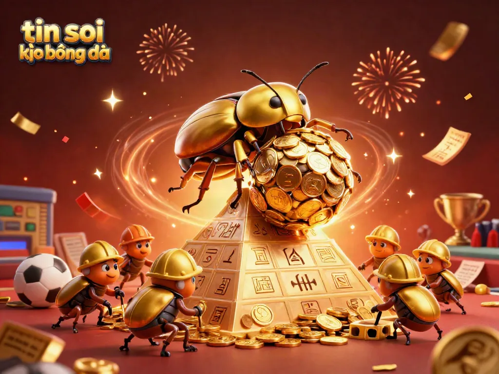 Engage with tin soi kèo bóng đá action featuring a golden dung beetle and football elements