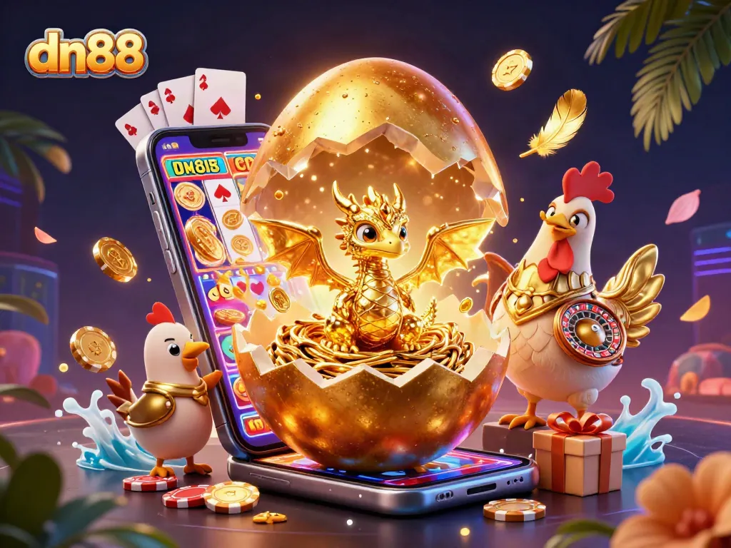 Experience excitement with dn88 as a golden baby dragon emerges from a cracking egg surrounded by vibrant gambling elements.
