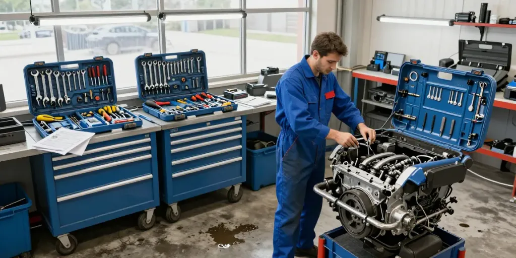 Mechanic using ks tools in a bright automotive workshop with organized equipment.