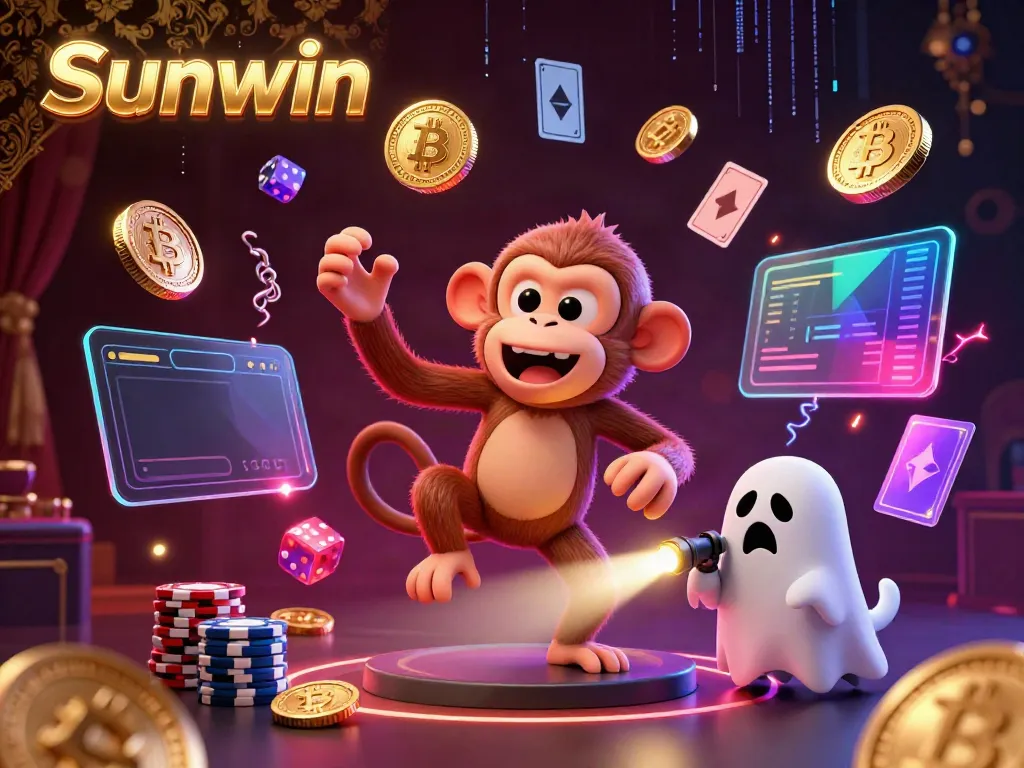 Catch the excitement of Sunwin's haunted casino as a playful poltergeist monkey juggles shining treasures.