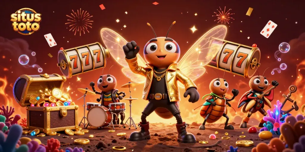 Experience thrilling situs toto gaming with a rock star cicada amidst vibrant slot imagery and treasure