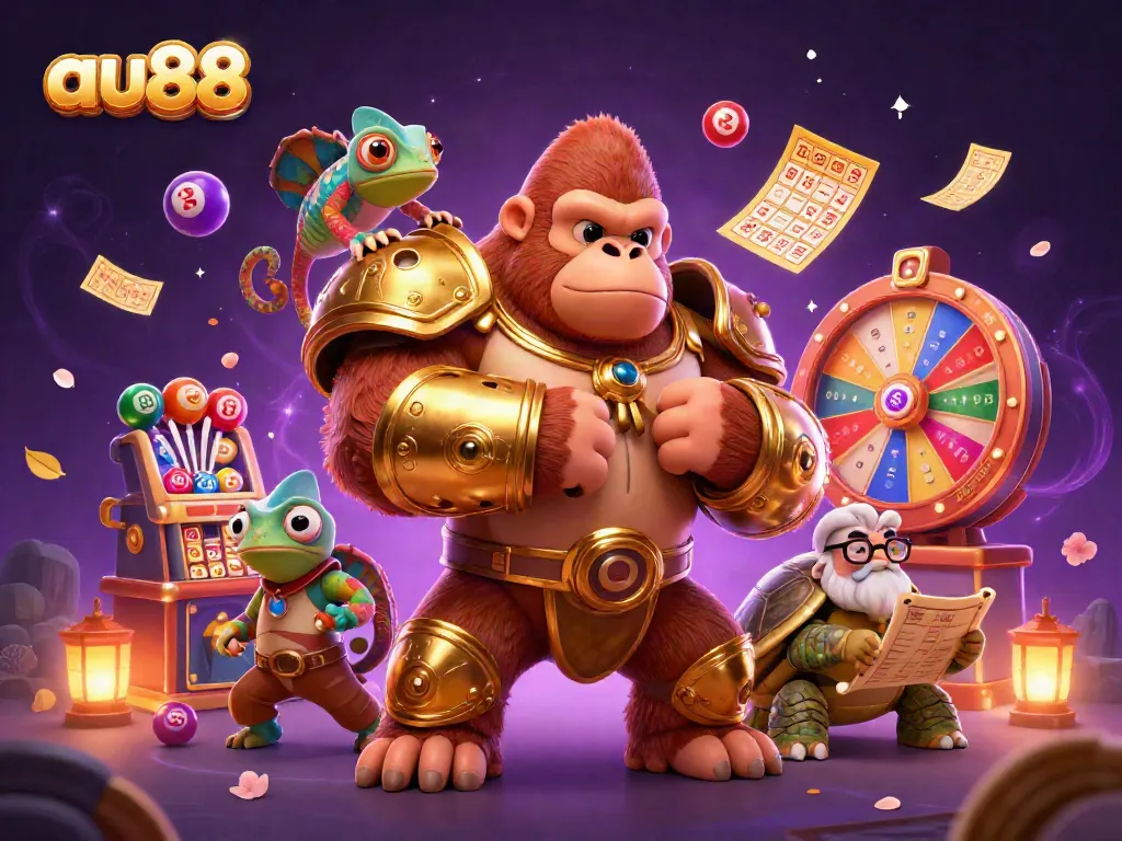 Join the fun at au88 with a dynamic 3D scene featuring a powerful gorilla king and exciting gambling elements.