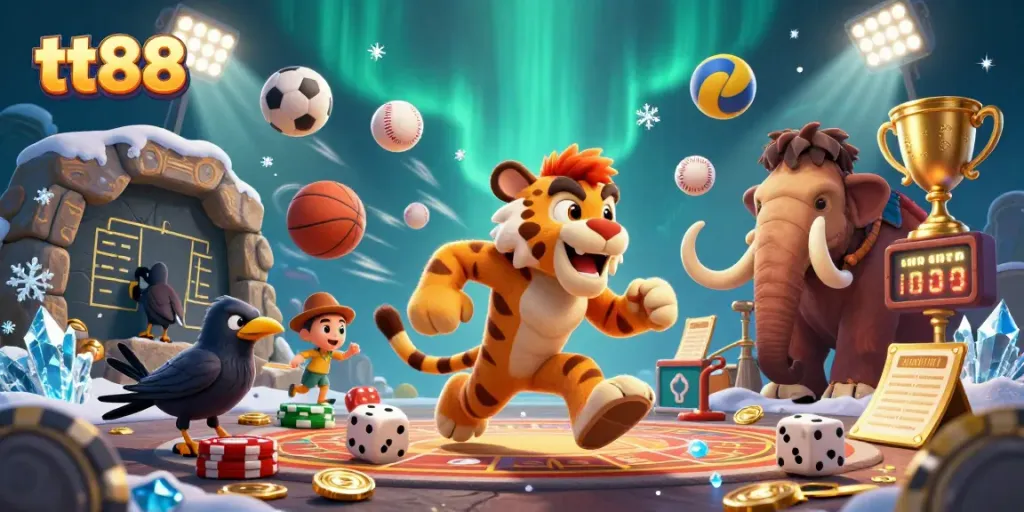 Engage with tt88 in this vibrant scene depicting a prehistoric casino with dynamic sports elements.