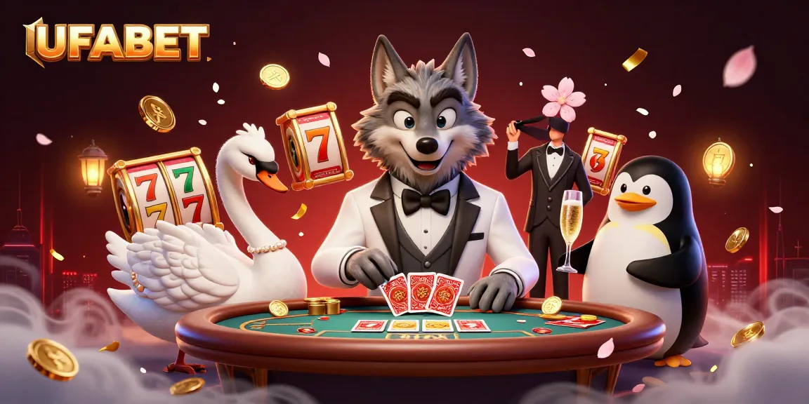 Experience thrilling wins at UFABET with engaging games and captivating characters in an animated casino scene.