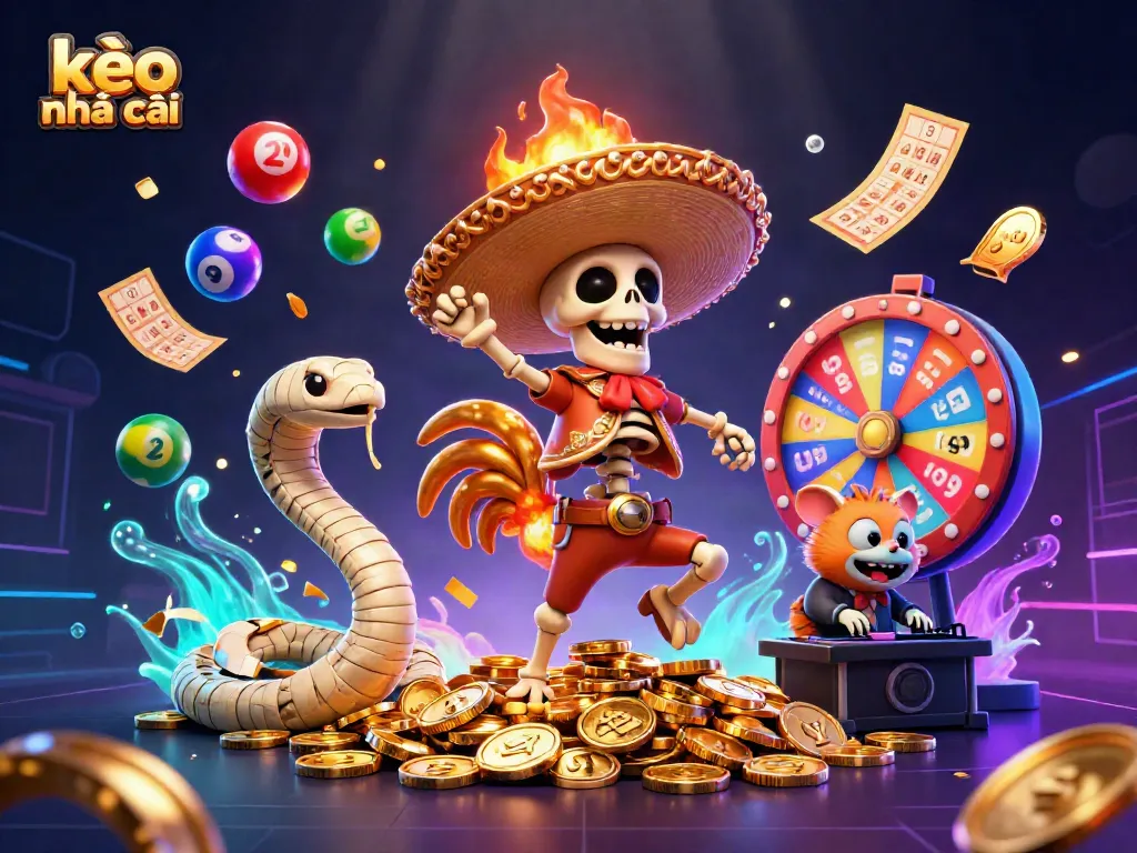 Engage with kèo nhà cái through a festive 3D scene of a dancing mariachi rooster and gaming excitement.