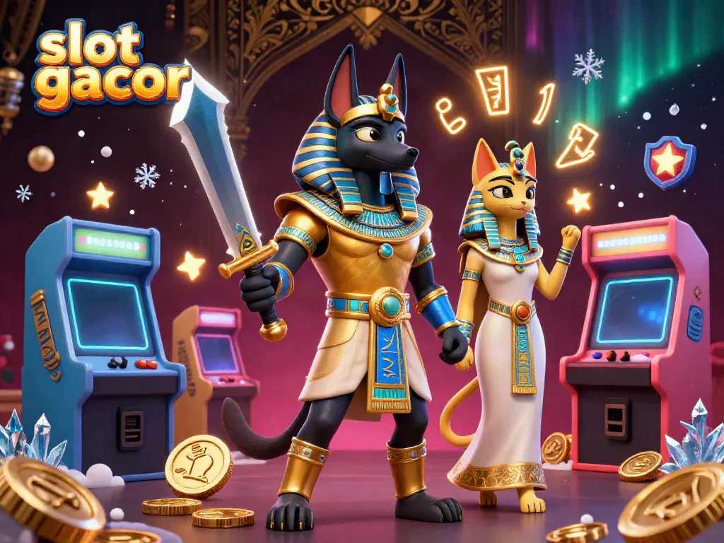 Engage with the vivid 3D illustration featuring slot gacor elements - Anubis warrior and Bastet amidst vibrant casino iconography.