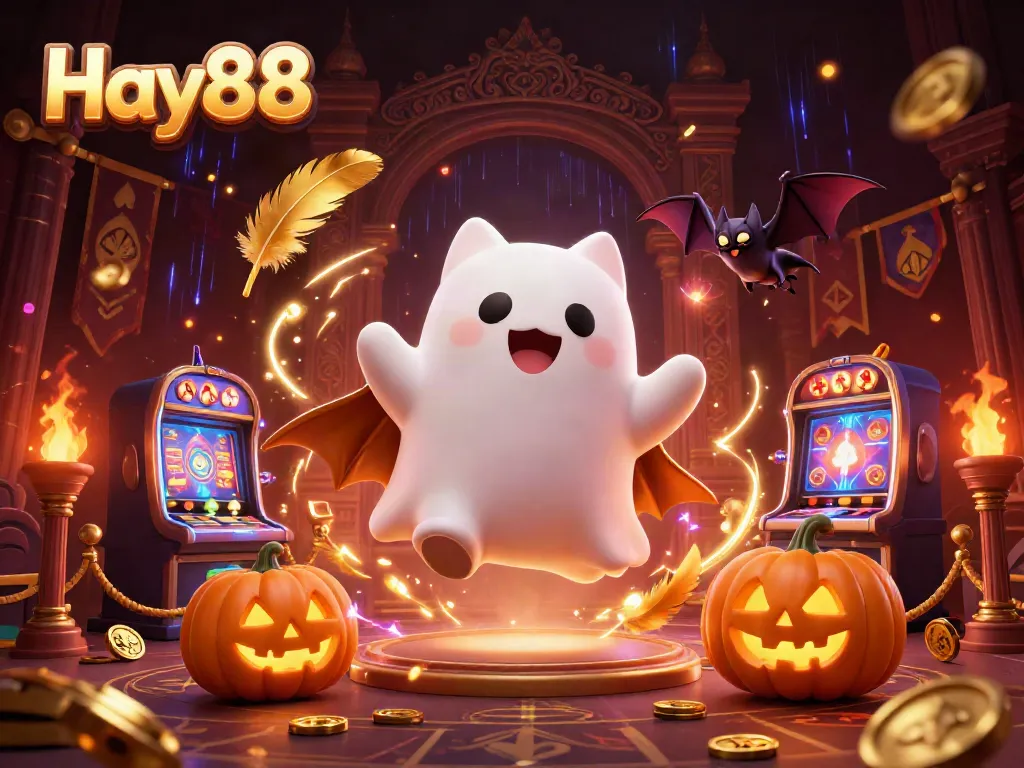 Experience excitement at Hay88's haunted casino with a friendly ghost cat, vampire bat, and glowing jack-o-lanterns.