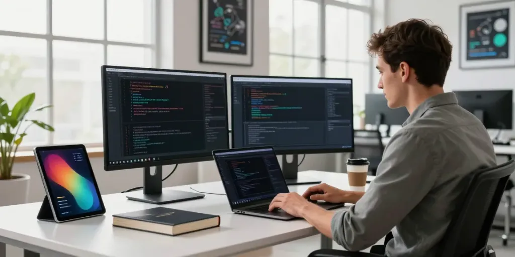 快连 network acceleration software showcased in a tech-savvy workspace with engaging visuals.
