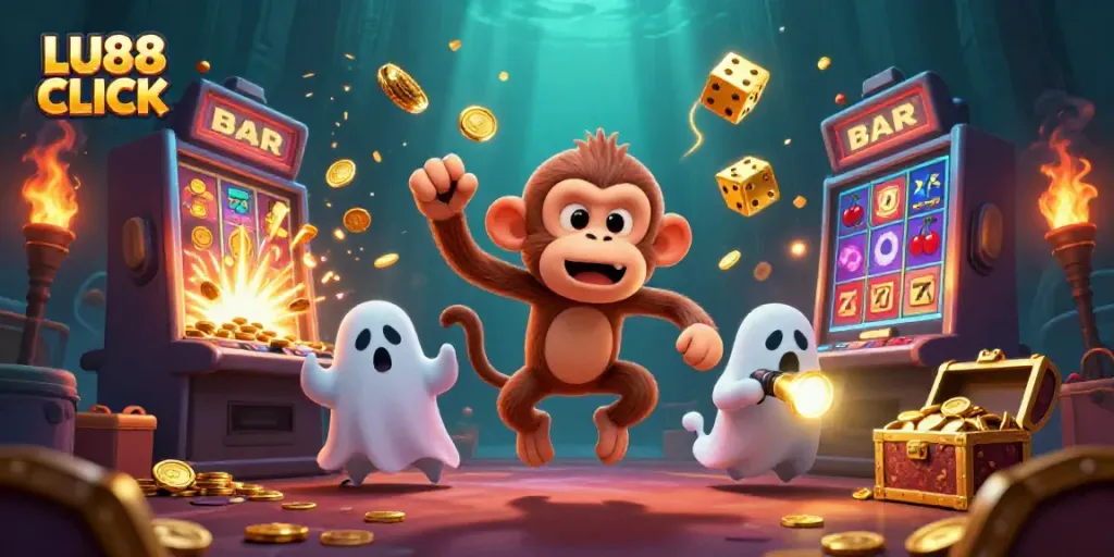 Experience the allure of LU88 CLICK as you navigate a vibrant casino scene with a playful ghost and golden treasures.
