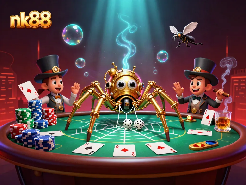 nk88 slot action featuring a steampunk spider and poker elements in an engaging casino scene