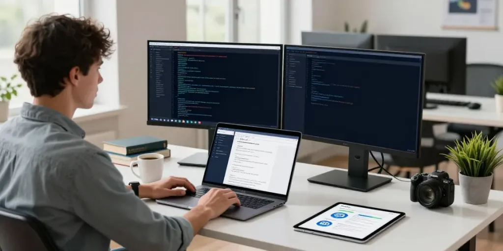 Developer using instant indexing tools in a modern workspace, showcasing productivity and innovation.