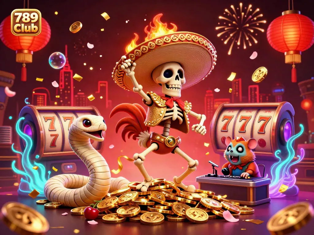 Experience excitement at 789 Club with a festive illustration of a skeleton rooster dancing on coins.