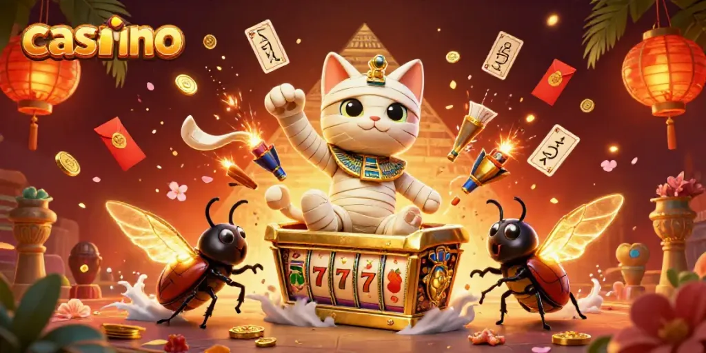 Experience the thrill of casino gaming with a dynamic 3D mummy cat and glowing scarab.