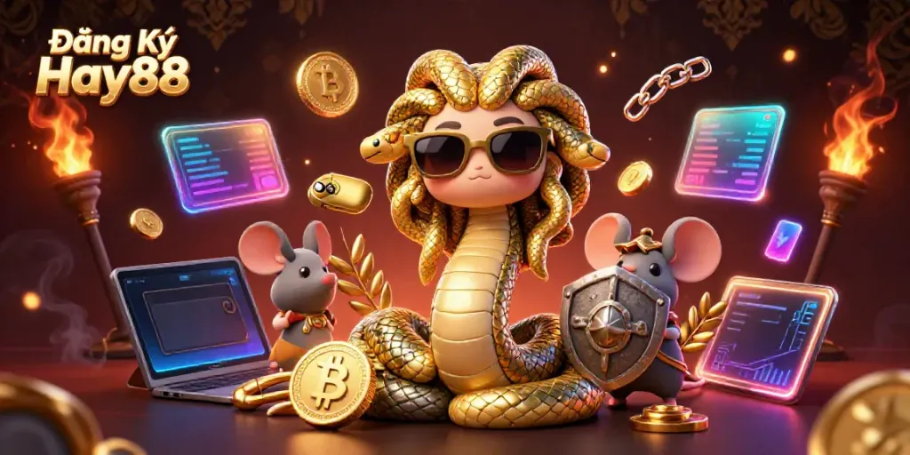 Engage in gaming excitement with Đăng Ký Hay88, featuring friendly Medusa and warrior mouse in a vibrant casino scene.
