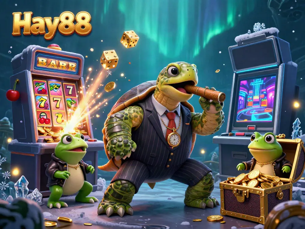 Join the excitement of Hay88 with a 3D illustration featuring a snapping turtle mobster and casino-themed elements.
