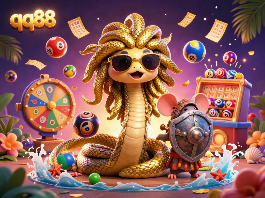 Engage with the lively world of qq88 casino games through a vibrant illustration showcasing Medusa and a warrior mouse amidst dynamic lottery elements.