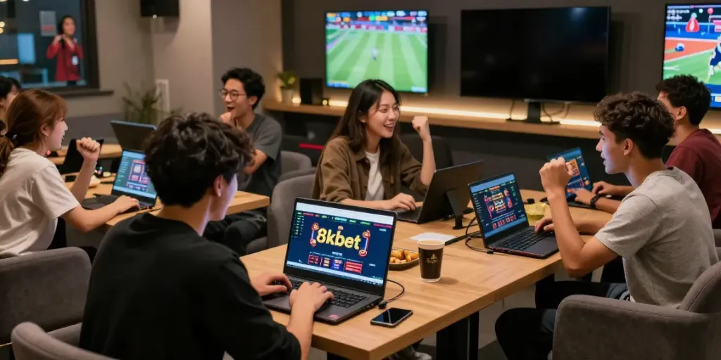 Young adults enjoying betting on 8kbet in a lively gaming lounge.